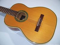 Front body and sound hole close-up showing wood grain top, rosette detail, rosewood bridge, and nylon strings.