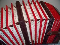 Close-up of the bellows showing white and red design with burgundy edges.