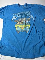 Blue XL T-shirt front view featuring The Mystery Machine graphic with Scooby-Doo and gang.