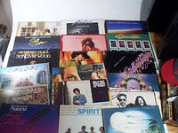 Photo showing 18 vinyl LP records arranged in rows with visible album covers from various rock artists.