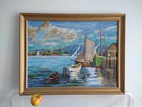 Full view of framed antique oil painting showing harbour water scene with boats, cloudy sky, and distant shore.