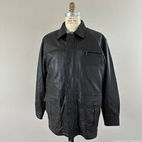 Front view of Danier black leather jacket on size 40 dress form, showing pockets, collar, and zip closure.