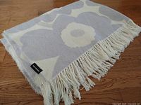 Close-up of one fringe end and floral pattern showing wool texture