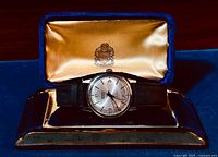 Front view of watch on open presentation box showing dial and interior lining