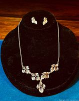 Front view of the necklace and matching earrings displayed on a black velvet stand showing design and layout