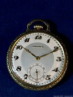 Front dial view on blue cloth background showing Arabic numerals, subsidiary seconds and Longines logo