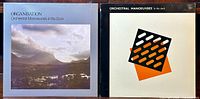 Front covers of two OMD vinyl LP albums side by side: 'Organisation' with a photographic mountain landscape and the self-titled album with a geometric orange and black design on white background.
