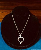 Front view of the heart-shaped pendant and chain displayed on a black velvet bust.