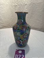 Front and side view of the 8-inch bronze copper cloisonne vase showing detailed floral enamel work and bronze rim.