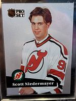 Front of the 1991-92 Pro Set Scott Niedermayer rookie hockey card showing player portrait in New Jersey Devils jersey.