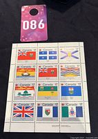 Pane of 12 Canada 1979 Provincial & Territorial Flags mint postage stamps laid flat on a dark surface, with visible margin edges showing intact perforations and colorful flag designs.