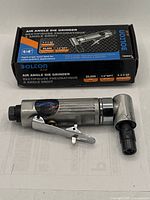 Metal Bolton Pro air angle die grinder on a white surface with the branded box behind it showing product details and specifications.