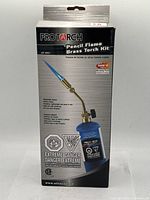 Front of the ProTorch Pencil Flame Brass Torch Kit box showing product image, flame specifications and warnings.