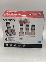 Front view of VTech 4-handset cordless digital answering system box with product image and branding.
