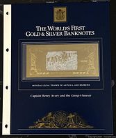 Blue folder cover showing limited edition silver and gold banknotes, highlighting Captain Henry Avery and the Gang-i-Saway