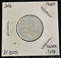 Reverse side of the 2006 Canadian silver proof 25 cents coin showing caribou head, denomination, year, and silver purity markings.