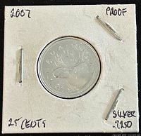 Obverse side of 2007 Canadian 25 cents proof coin showing caribou design back side with details on silver content and year