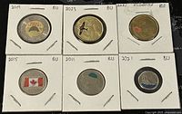 Top and bottom rows of Canadian coins in protective holders, seven colorized commemorative toonies and six regular circulation coins showing Queen Elizabeth II and other designs.