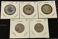 Seven Canadian coins from 2011 to 2024 shown in cardboard holders: three colorized toonies 2023-2024, colored quarters 2011 and 2012, plus plain loonies and toonies.