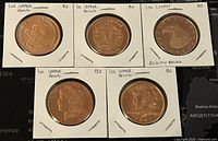 Front sides of 5 copper rounds with different coin designs, each labeled 1 oz copper and condition noted as BU or 60.