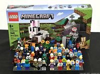 Front of sealed LEGO Minecraft Rabbit Ranch box with minifigures in front