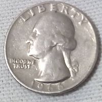 Front of a 1966 US quarter dollar coin showing profile of George Washington with inscription LIBERTY, IN GOD WE TRUST and year 1966.