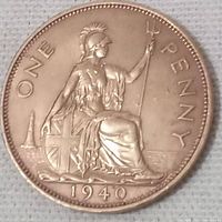 Reverse of the 1940 Great Britain One Penny coin showing Britannia holding a shield with the Union Jack and a trident with 'ONE PENNY' and year 1940.