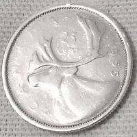 Close-up of the reverse side of the 1955 Canadian 25 cent coin showing the caribou and denomination with year.