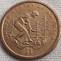 Close-up photo of 2009 USA $1 coin showing Native American woman planting seeds with corn plants growing in the background, featuring inscriptions and coin's denomination.