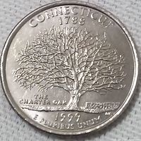 Close-up of Connecticut 1999 state quarter showing front design 'The Charter Oak' with inscriptions 'CONNECTICUT 1788', 'THE CHARTER OAK', 'E PLURIBUS UNUM'.