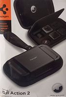 Photo showing the front of the Spigen case box and the pouch case partially opened revealing foam compartments.