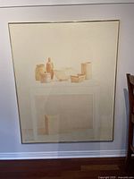 Frontal view of framed painting mounted on wall, showing entire canvas and gold metal frame