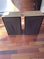 Front view of both speakers showing brown fabric grills and wood veneer cabinets