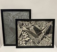 Framed black and white intaglio print and matching hand-etched metal printing plate with floral and geometric design, side by side.