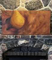 Full view of the acrylic painting mounted on a thick gallery frame, showing the warm brown and yellow hues and the signature on the bottom right corner.