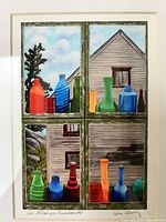 Full view of the colorful print divided into quadrants showing bottles in front of a wooden building, with surrounding white mat and frame.