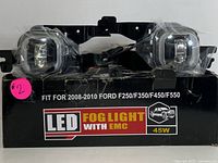 Front view of both LED fog lights on packaging box indicating fitment for 2008-2010 Ford F250/F350/F450/F550 and 45W power.