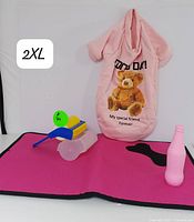 Photo of the 2XL pet hoodie with teddy bear graphic, non-slip feeding mat, grooming brush, chew toy, and water bottle arranged on a white backdrop.