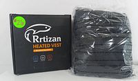 Photo of the Rrtizan heated vest packaging box next to the vest wrapped in plastic.