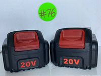 Front view of two black and red rechargeable 20V batteries with visible 20V marking.