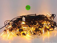 Photo showing a bundle of outdoor string lights with warm white bulbs glowing, black wiring present.
