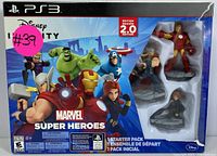 Front view of sealed Disney Infinity 2.0 Marvel Super Heroes Starter Pack for PS3 showing box art with Marvel characters and figures visible through display window