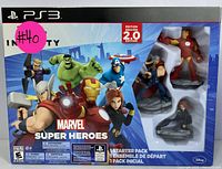 Front of boxed Disney Infinity 2.0 Marvel Super Heroes Starter Pack for PS3 showing artwork and visible figures in window.