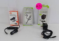 Lot of charging accessories including iQ Mobile Power car charger with coiled USB Type-C cable, Chrome Connect right-angle charge and sync cable in packaging, and black USB wall charger with power cable.