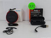 New Bee Bluetooth headset with ear hook, charging cable, and carrying case on left; iQ Podz true wireless earbuds with charging case and USB cable on right