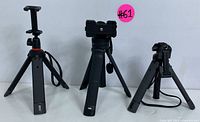 Three compact black tripods shown side by side, each with legs extended and mounted with smartphone holders or mounts.