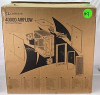 The original packaging box for the Corsair 4000D Airflow mid-tower PC case detailing exploded diagram and product features.