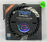 Box of TOSY flying disc showing product branding, RGB colors, and best seller tag