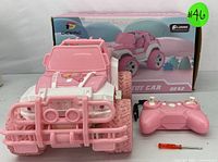 Pink remote control off-road truck with controller and accessories in front of the original box showing the product and brand info.