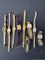 Full view of 8 vintage women's Seiko watches with varying band styles and face shapes